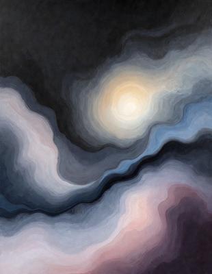 The primary subject of the image is a painting of a cloudy sky with a sun shining through. The setting is a dark, cloudy sky, and the visual style is a painting. The dominant colors are shades of blue and gray, creating a moody atmosphere.
